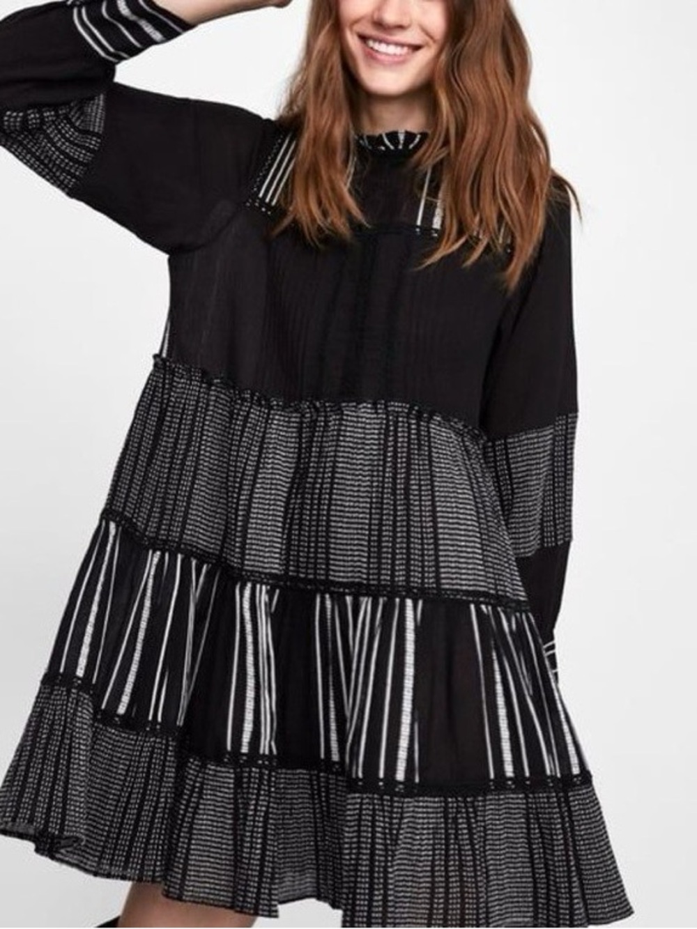 Zara Black & White Striped Tiered Long-Sleeve Dress